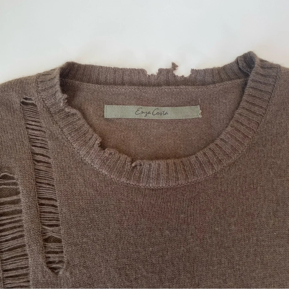 Enza Costa Cashmere Wool distressed women’s sweater small brown loose knit torn - Picture 3 of 10